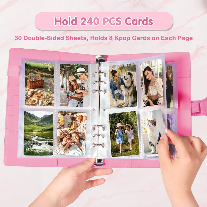 WITHYU A5 Kpop Photocard Binder, PU Leather 6-Ring Album with Magnetic Closure, Includes 30 Pack 4-Pocket Pages for 240 Cards, Card Holder for Trading and Collectible Cards (Rose) - Image 2